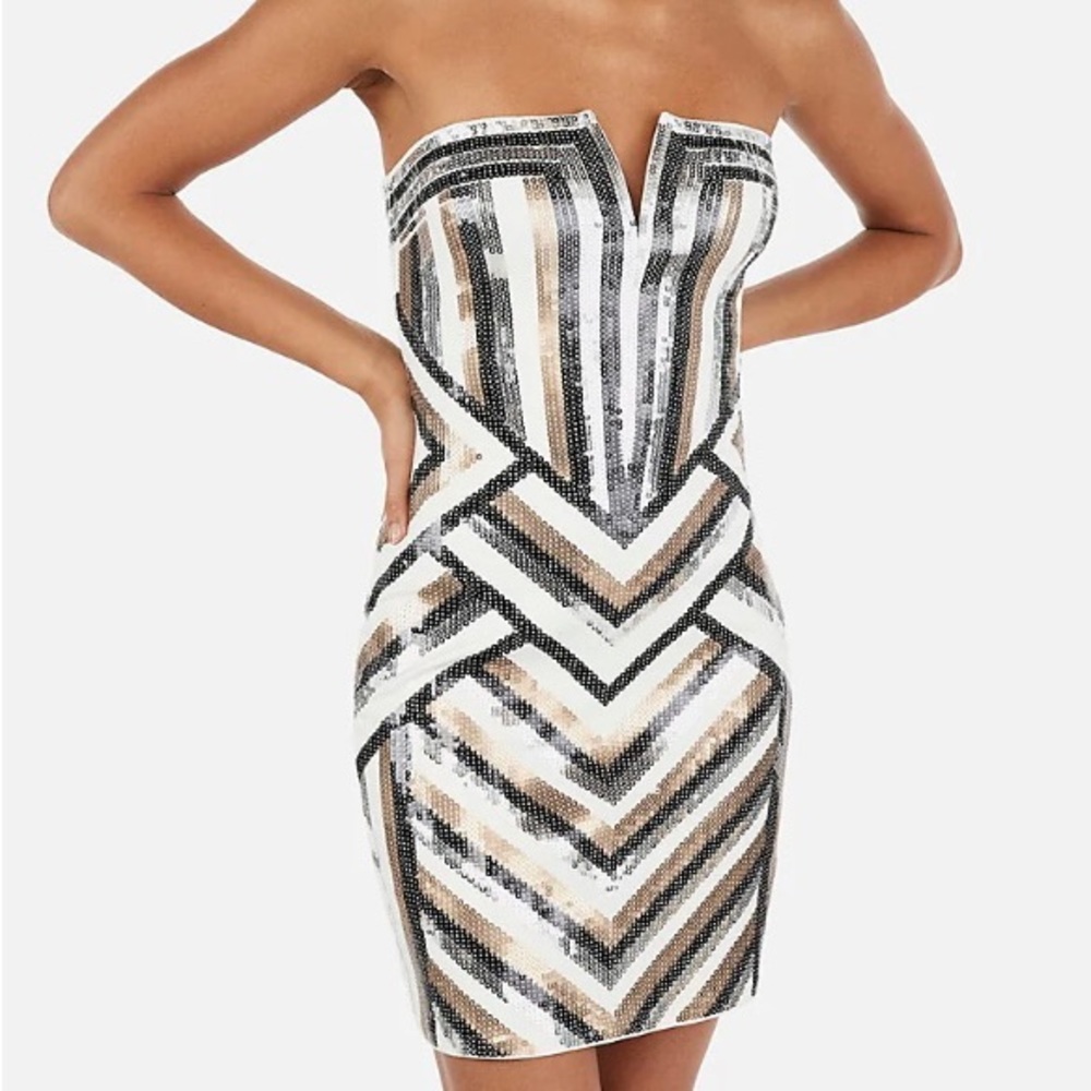 Express Sequin Fancy Strapless Mini Dress